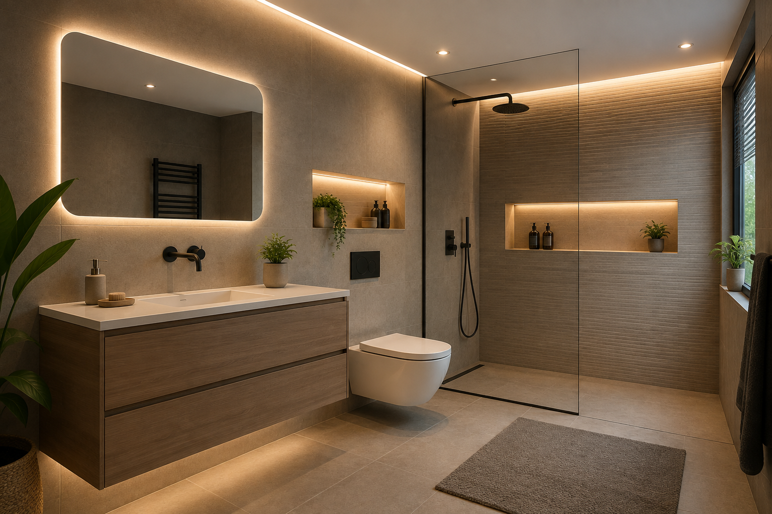 Indirecte LED-verlichting in een moderne douche-nis met warme, sfeervolle gloed. Badkamerverlichting
