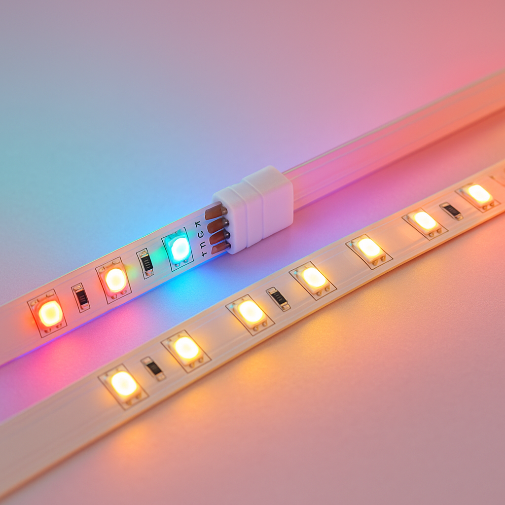 Twee RGBWW LED-strips die worden aangesloten met een connector op een kleurrijke achtergrond.