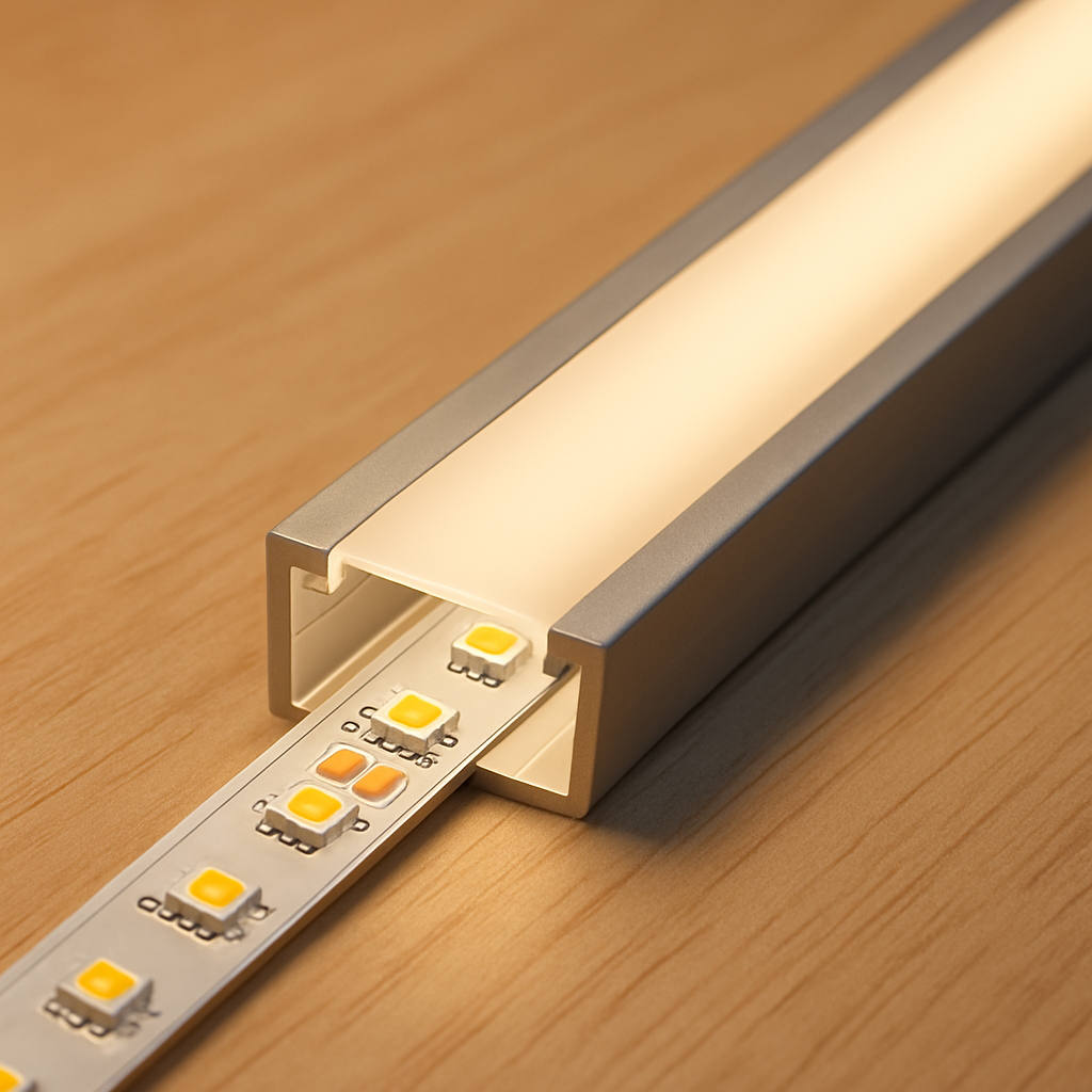 Close-up van een LED-strip die netjes is weggewerkt in een aluminium profiel met opaal diffuser.