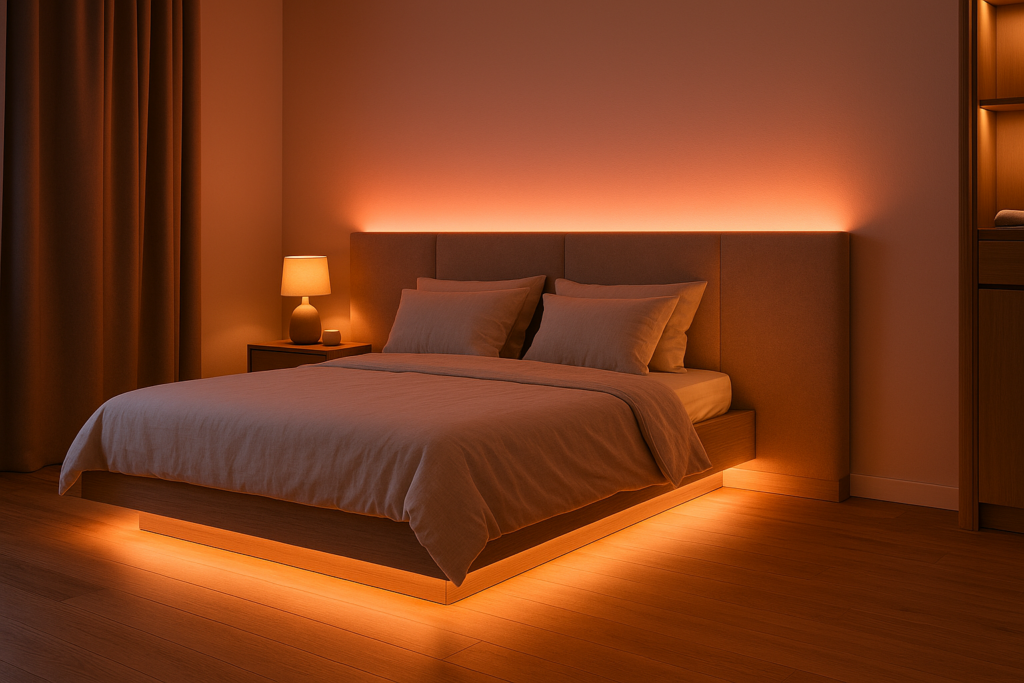 Moderne slaapkamer met led strips onder het bed en achter het hoofdbord in een warme kleuraccent. Led strips slaapkamer