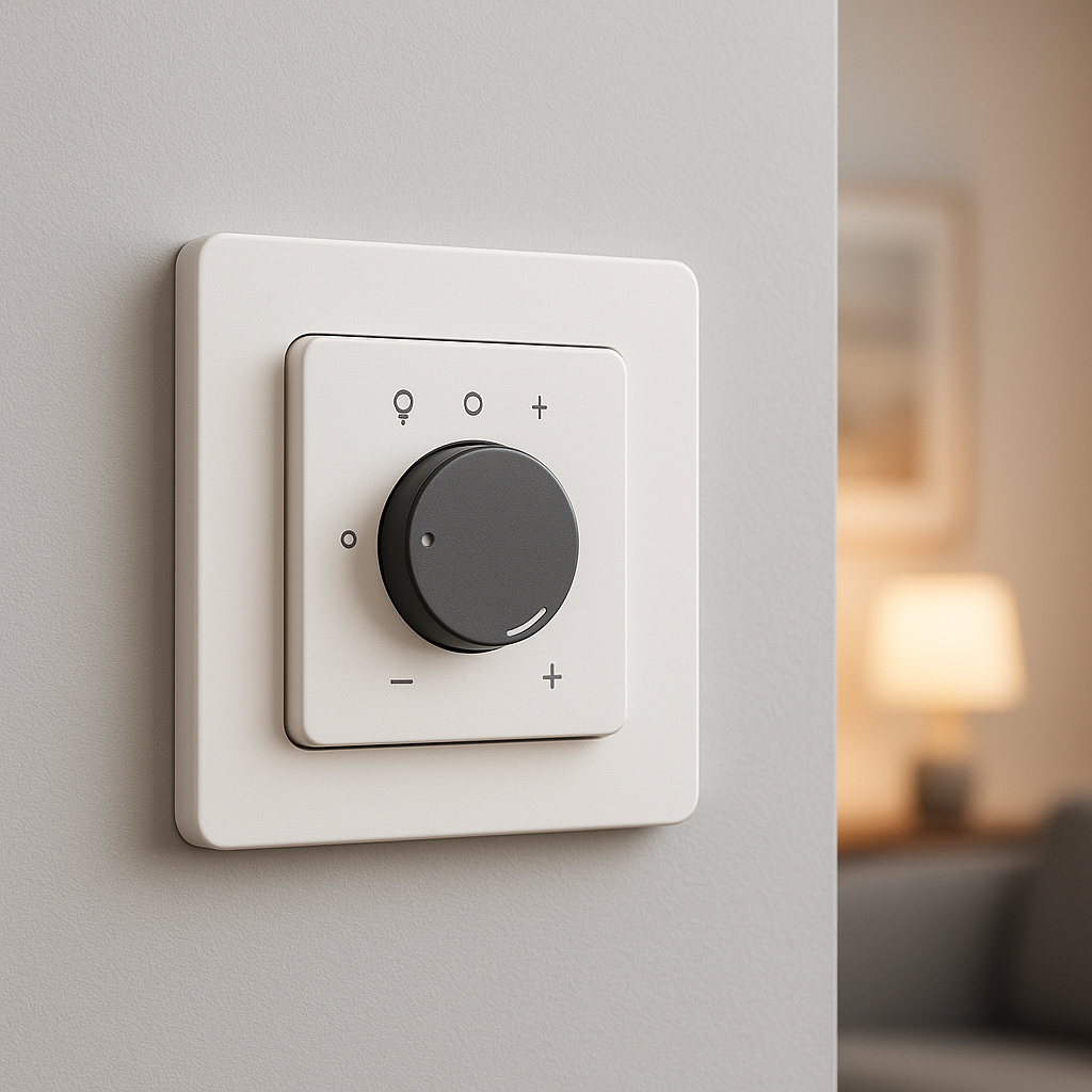 slimme led dimmer moderne wandschakelaar in warme woonkamer