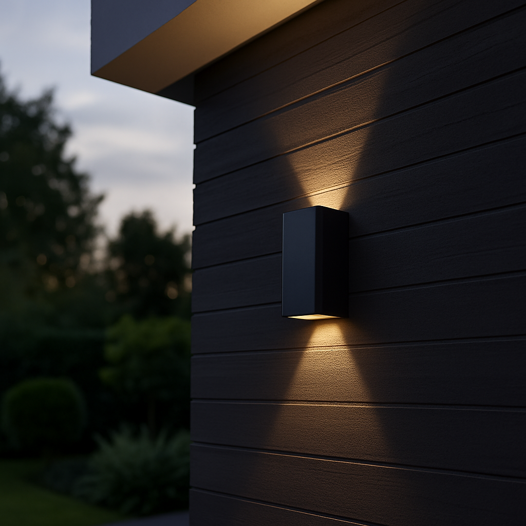 wandlampen buiten met warme lichtbundel langs moderne gevel