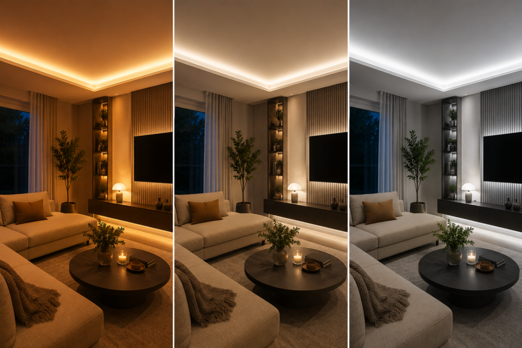 Moderne woonkamer met verschillende lichtkleuren: warm wit 2700K, neutraal wit 4000K en koel wit ter vergelijking