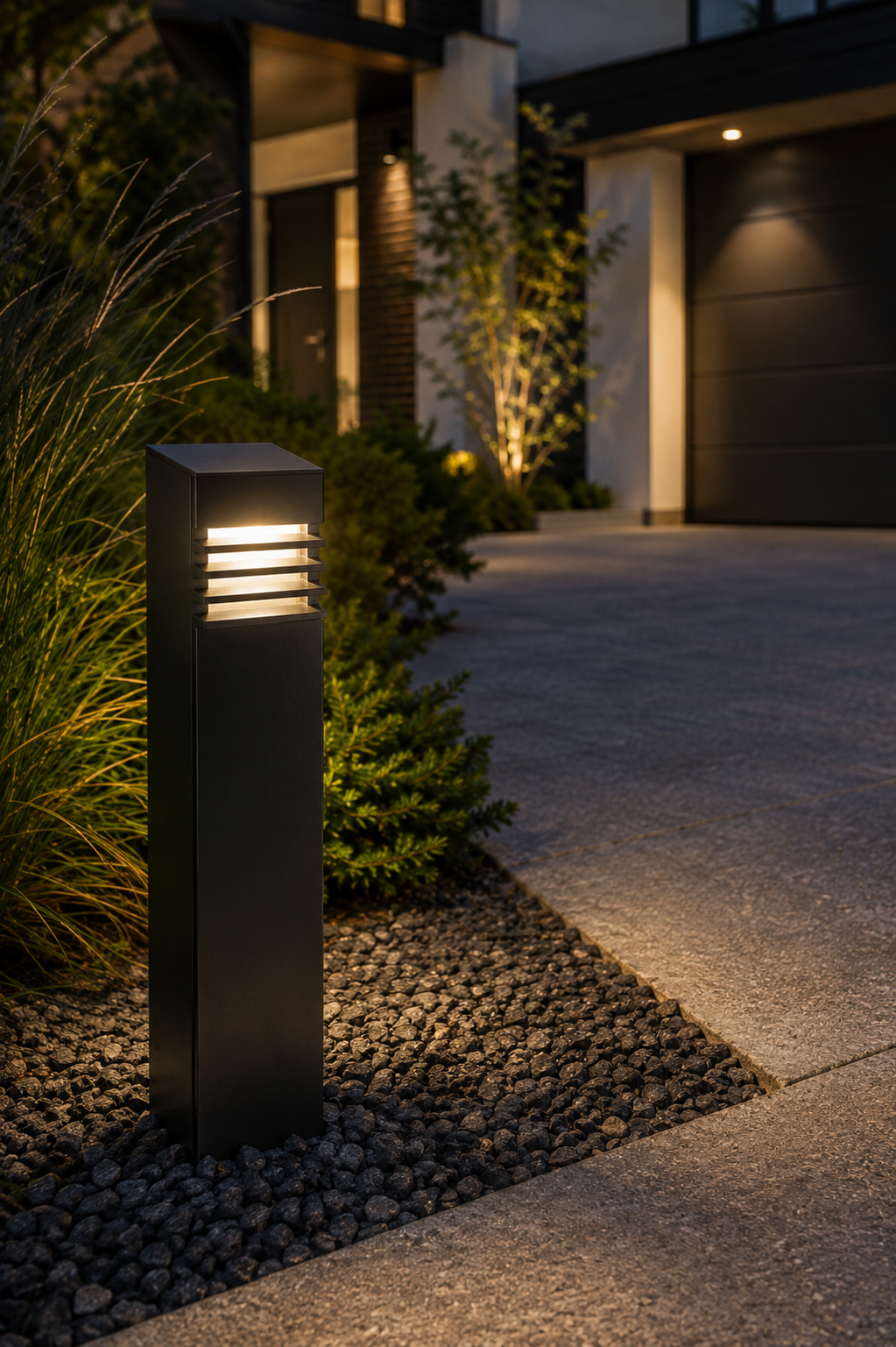 Close-up van een moderne LED-bollard langs een oprit met warme sfeerverlichting, mooie opritverlichting.