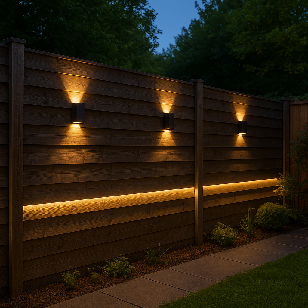 Moderne schutting met op-down LED-wandlampen en een warme horizontale LED-strip voor sfeervolle schuttingverlichting