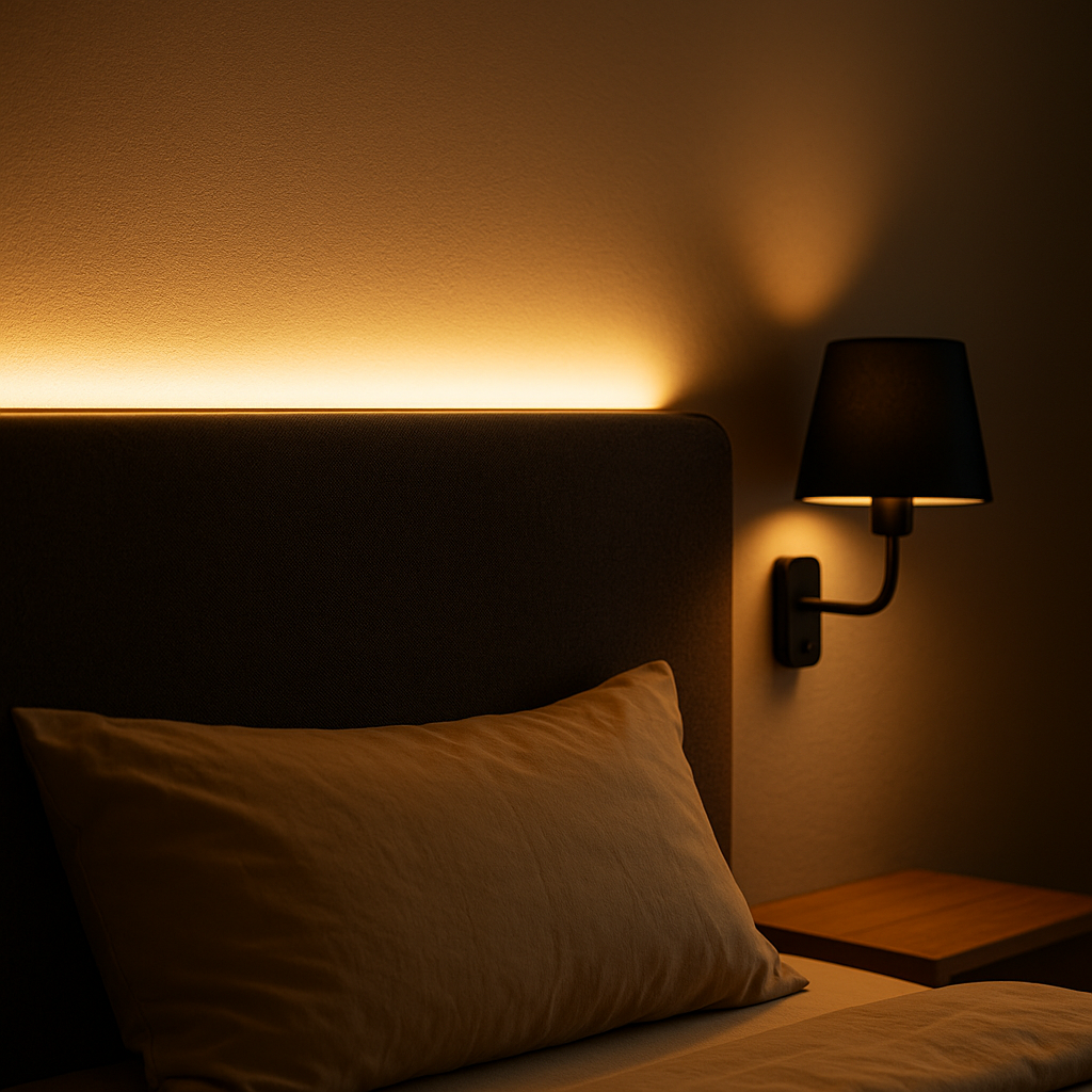 Close-up van een slaapkamer met warm indirect LED-licht achter het hoofdbord en een moderne wandlamp, slaapkamerverlichting.