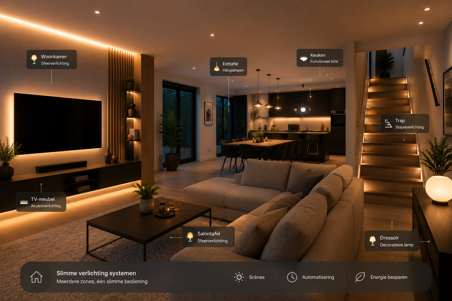 Moderne woonkamer met subtiele smart home apparatuur en warme LED-verlichting, passend bij slimme verlichting systemen.