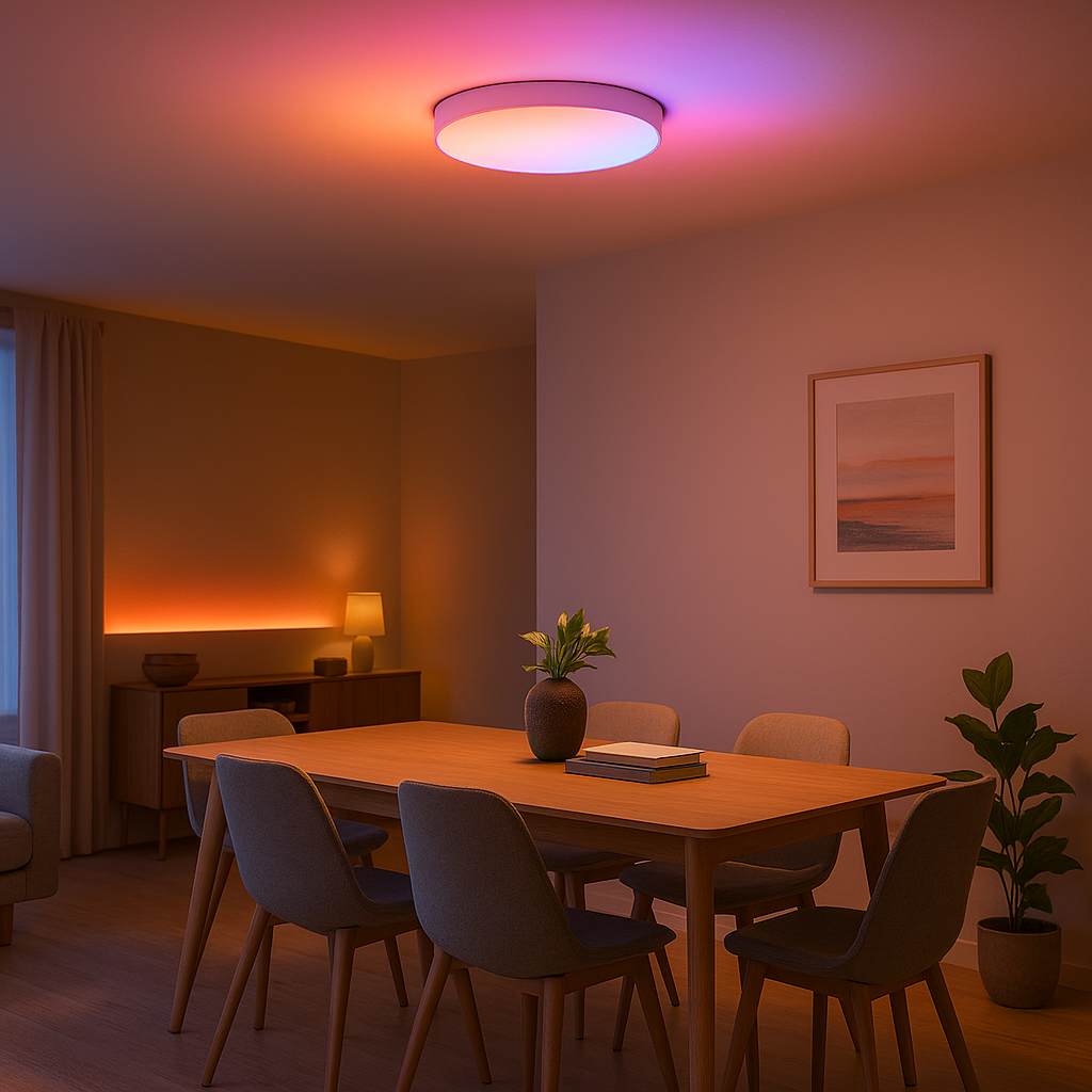 smart led-verlichting in een moderne eetkamer met rgbww plafondlamp en warme sfeer