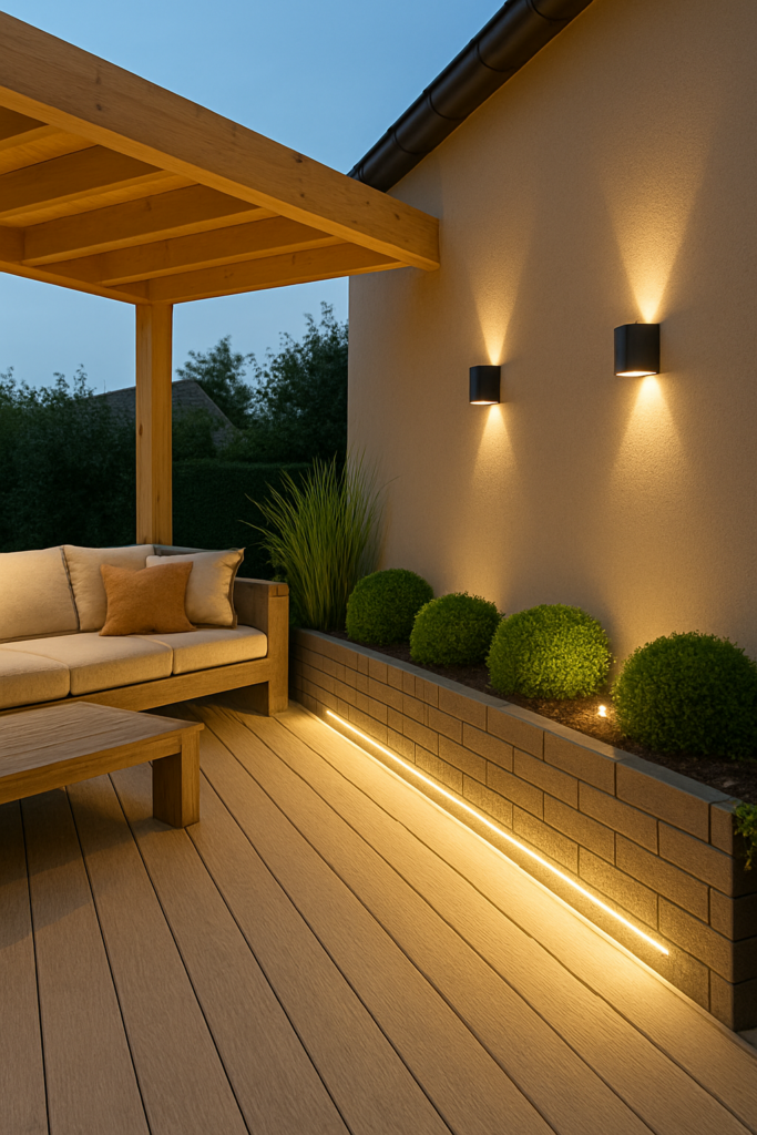 Terras met warme LED-strips langs de border en moderne wandlampen voor sfeervolle terrasverlichting.