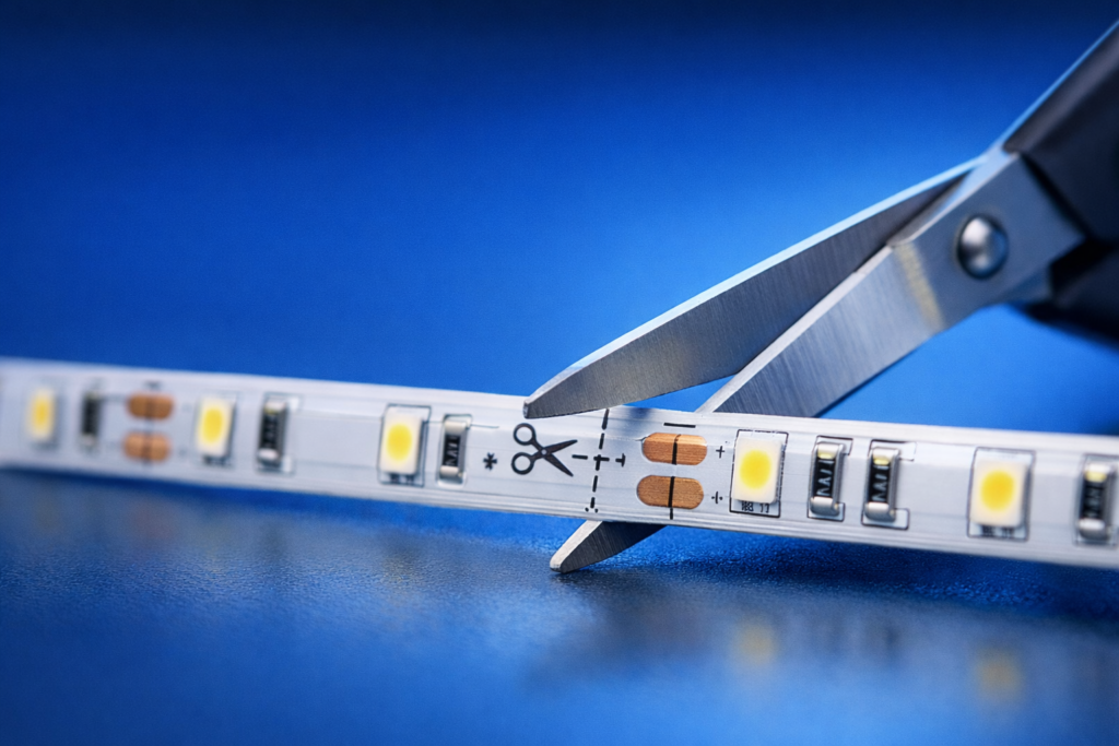 Led strip knippen op de officiële kniplijn met een schaar