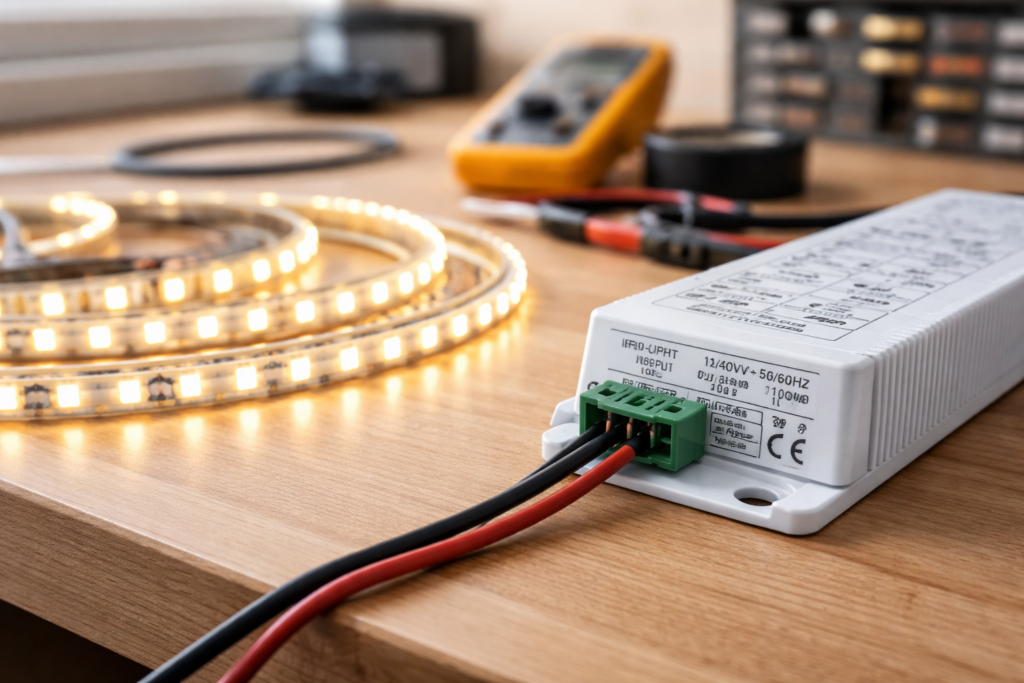 LED strip met voeding en aangesloten kabels op houten werkbank