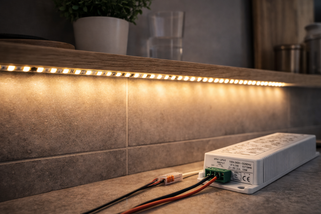 Led strip voeding berekenen bij installatie onder plank