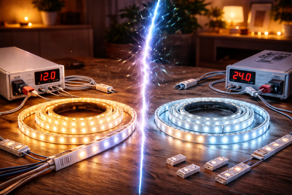vergelijking 12v vs 24v led strip installatie en lichtverschil
