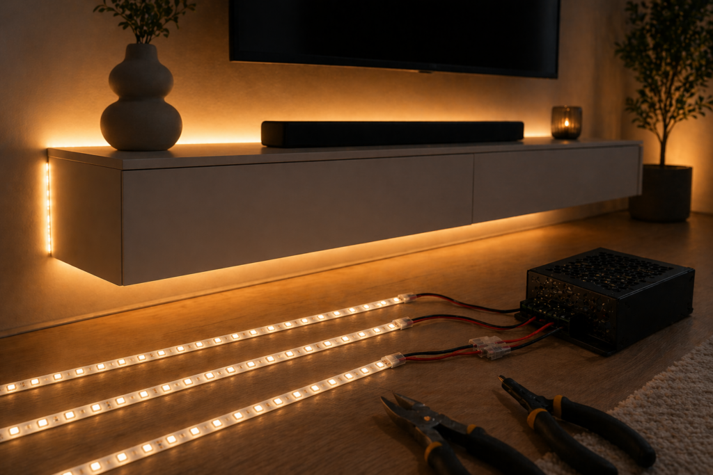 meerdere led strips aansluiten met voeding en kabels