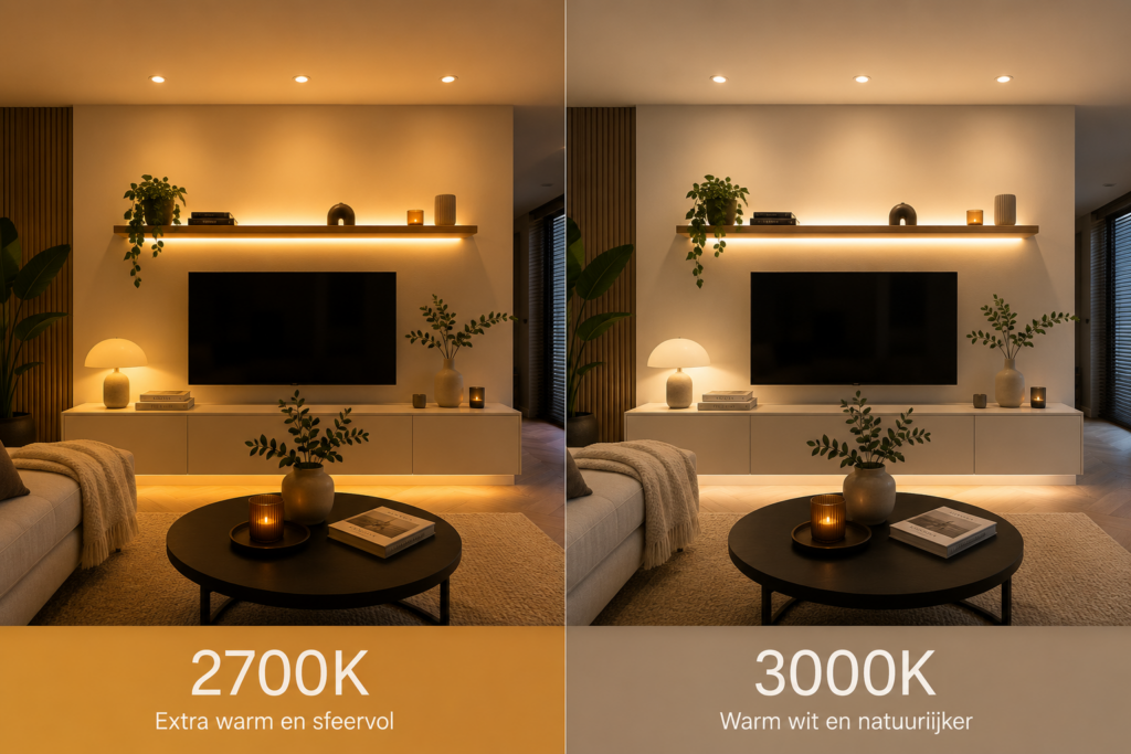 Vergelijking tussen 2700K en 3000K lichtkleur in een moderne woonkamer met warm en neutraal warm LED-licht
