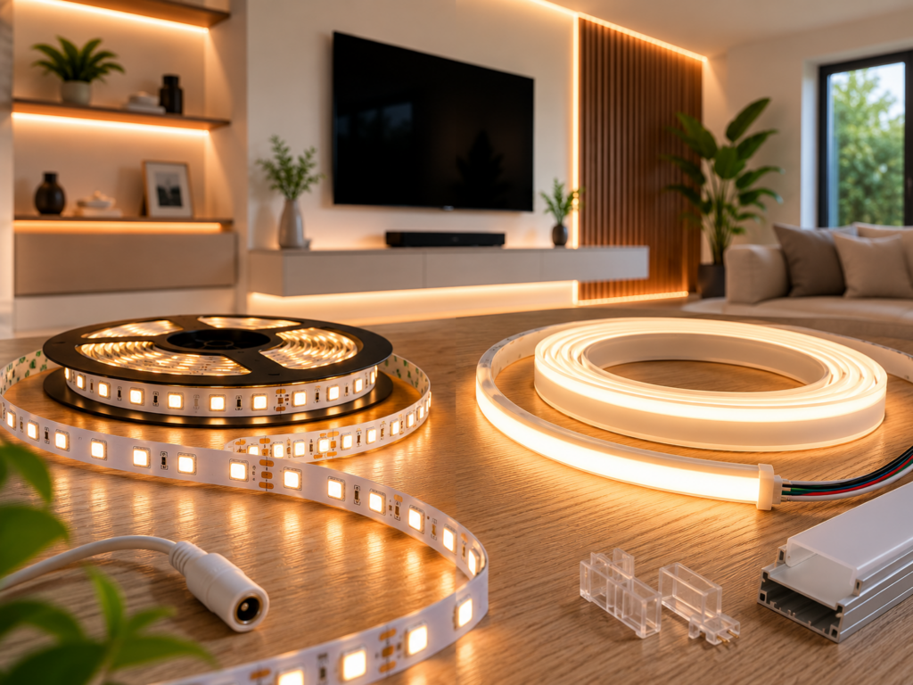 Vergelijking tussen een standaard LED-strip met zichtbare lichtpuntjes en een COB LED-strip met een egale lichtlijn in een moderne woonkamer