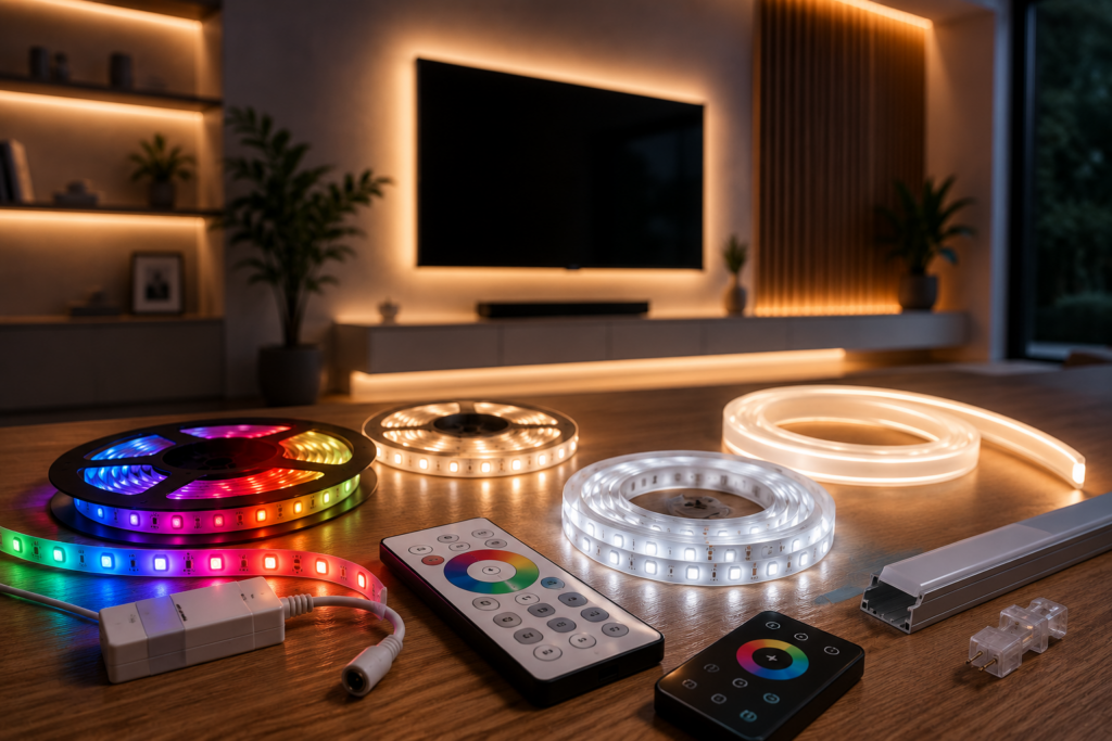 Verschillende soorten LED-strips met RGB, warm wit, COB en accessoires in een moderne woonkamer