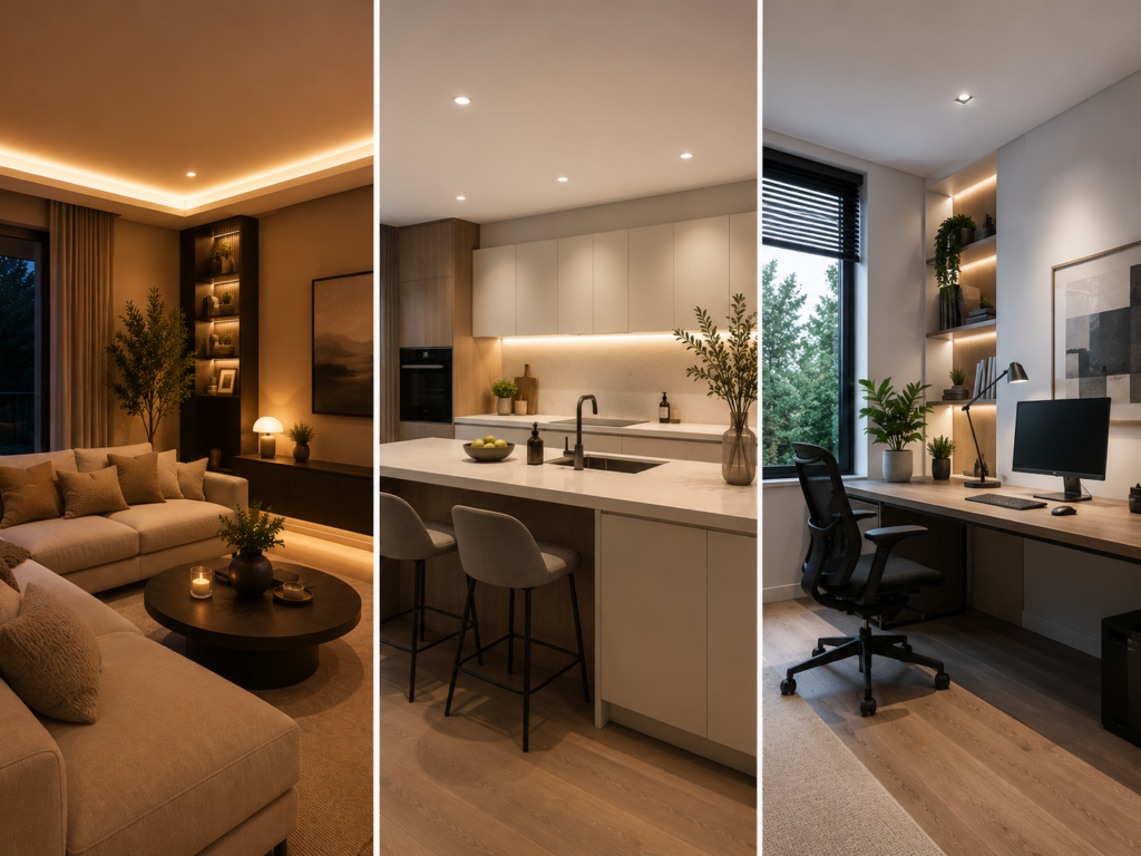 Moderne woonkamer met warm wit licht, keuken met neutraal wit licht en thuiskantoor met heldere verlichting als voorbeeld van lichtkleur per ruimte